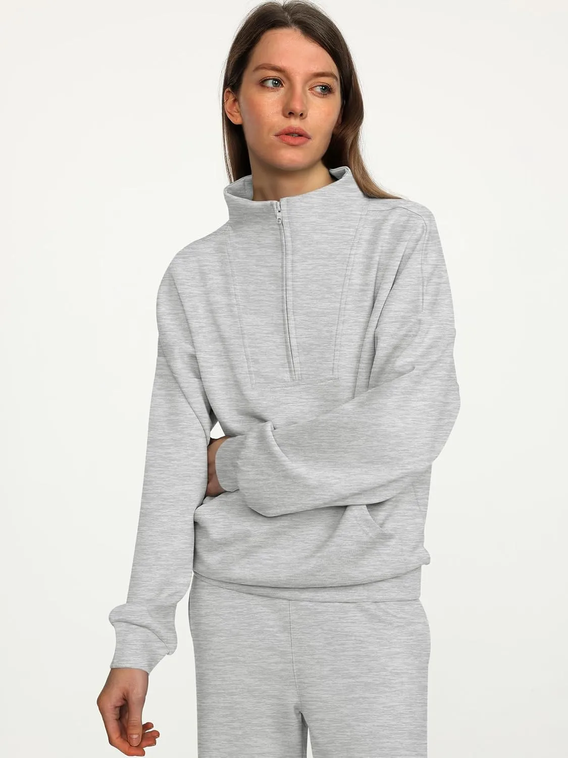 ANRABESS Women 2 Piece Outfits Sweatsuit Quarter Zip Sweatshirt Wide Leg Sweatpants Matching Lounge Set Travel Tracksuit