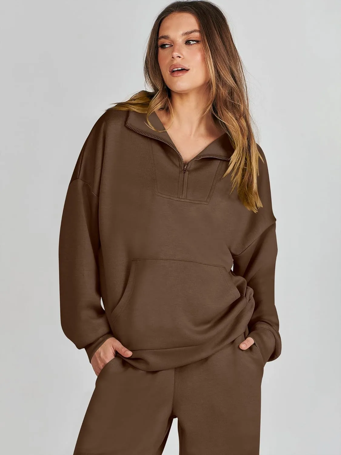 ANRABESS Women 2 Piece Outfits Sweatsuit Quarter Zip Sweatshirt Wide Leg Sweatpants Matching Lounge Set Travel Tracksuit