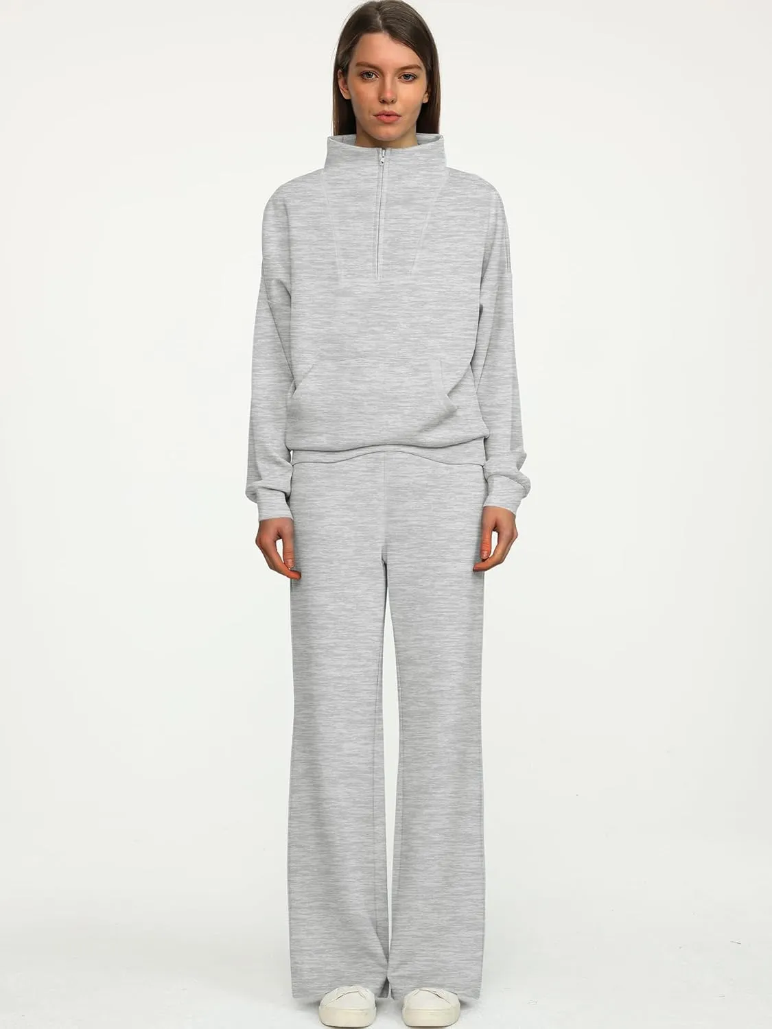 ANRABESS Women 2 Piece Outfits Sweatsuit Quarter Zip Sweatshirt Wide Leg Sweatpants Matching Lounge Set Travel Tracksuit