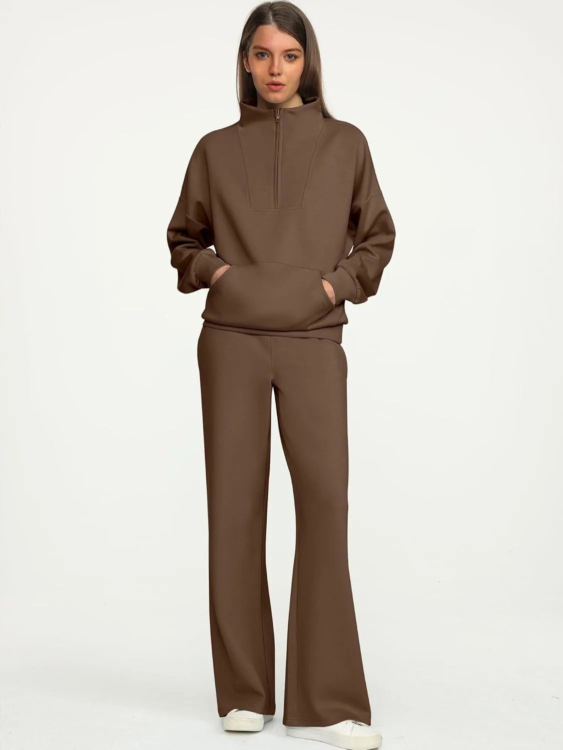 ANRABESS Women 2 Piece Outfits Sweatsuit Quarter Zip Sweatshirt Wide Leg Sweatpants Matching Lounge Set Travel Tracksuit