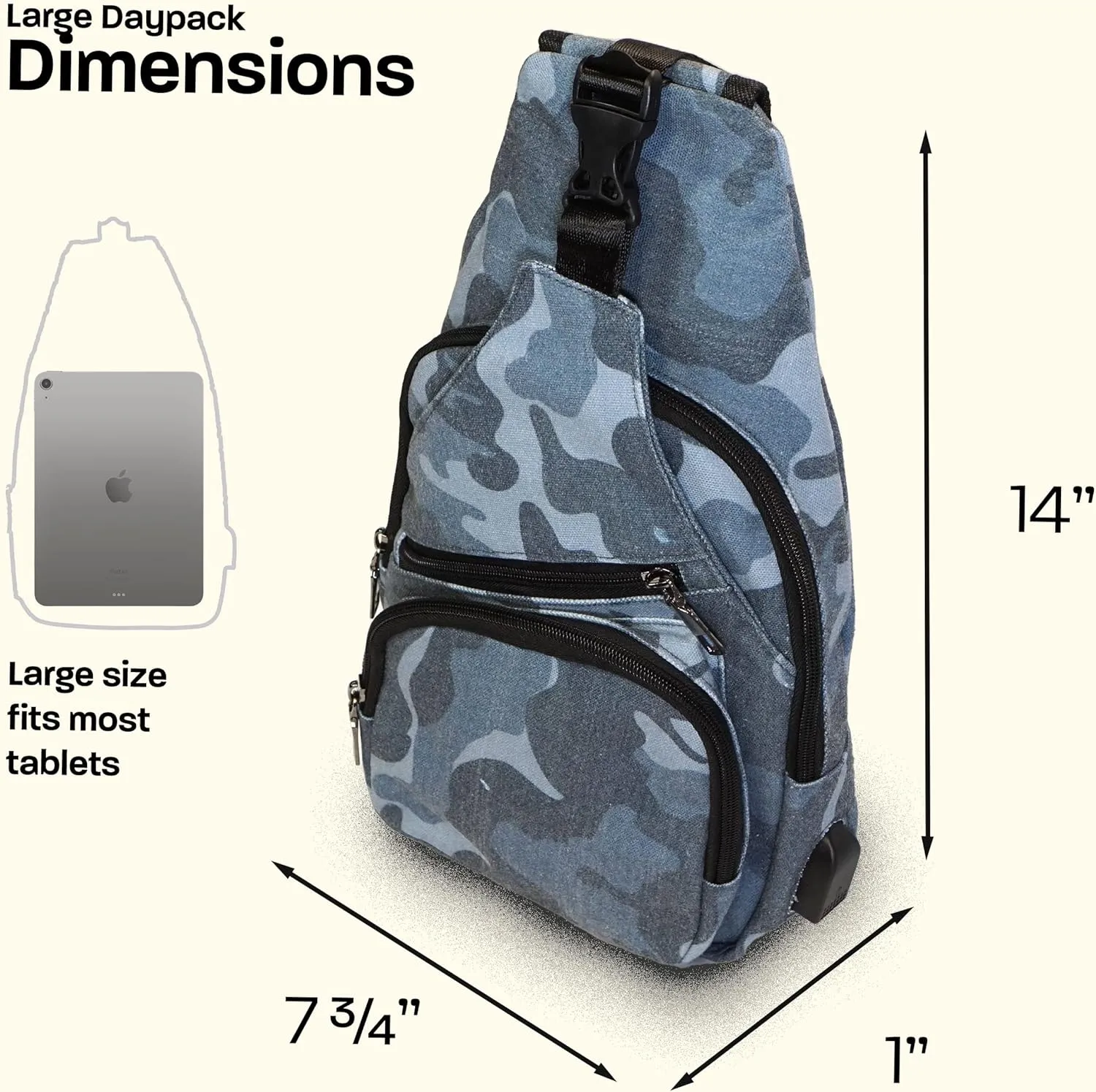 Anti-Theft Daypack Crossbody Sling Backpack, USB Charging Connector Port, Lightweight Day Pack for Travel, Hiking, Everyday, Large, Light Blue