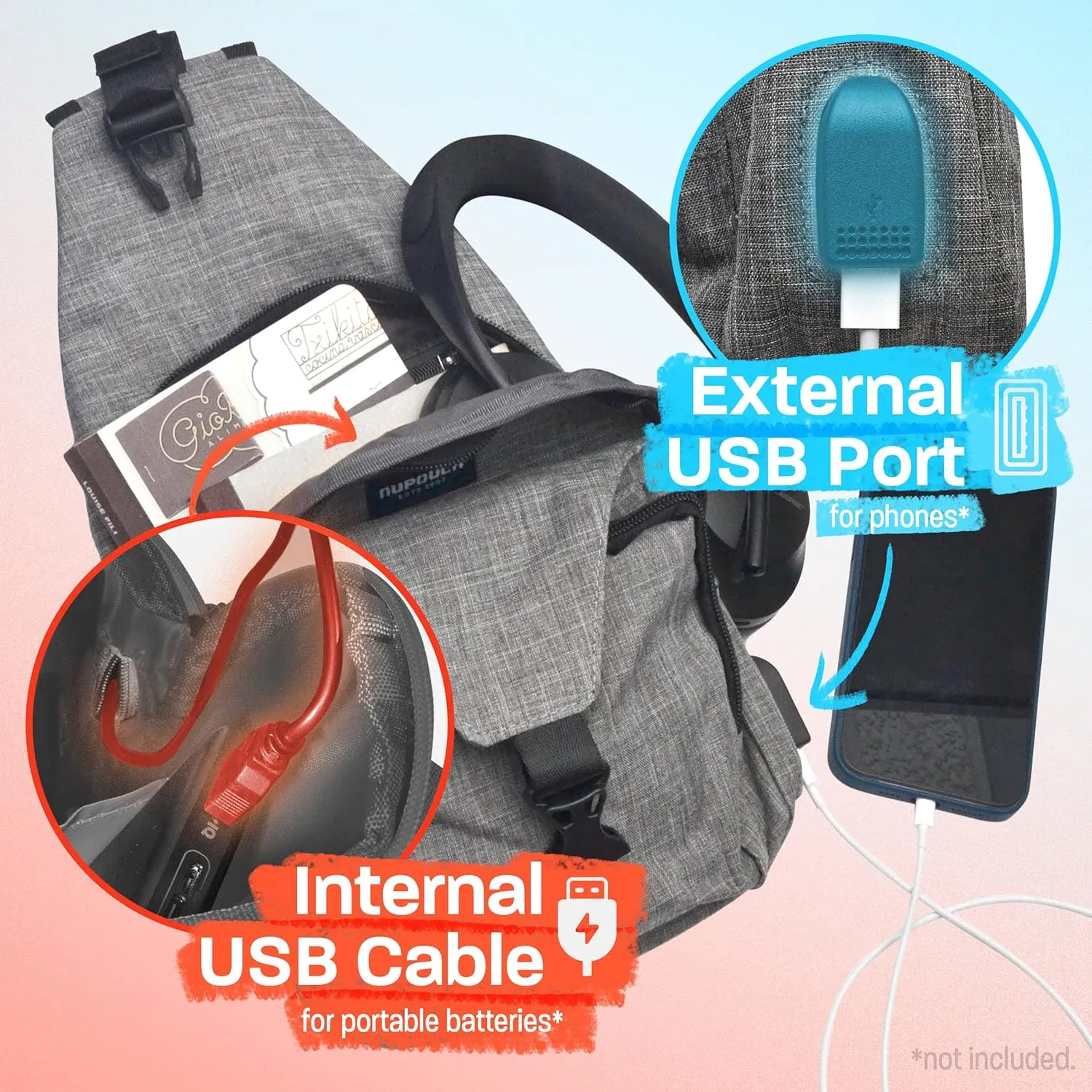 Anti-Theft Daypack Crossbody Sling Backpack, USB Charging Connector Port, Lightweight Day Pack for Travel, Hiking, Everyday, Large, Light Blue