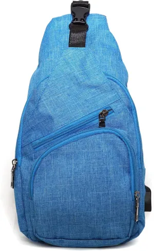Anti-Theft Daypack Crossbody Sling Backpack, USB Charging Connector Port, Lightweight Day Pack for Travel, Hiking, Everyday, Large, Light Blue