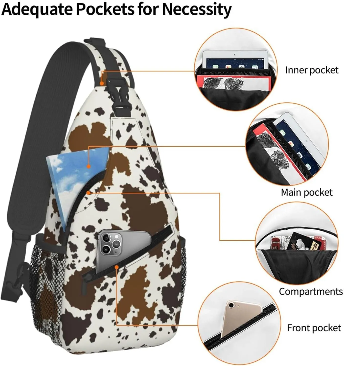 Anti Theft Sling Bag for Brown Skin Milk Cow Print Crossbody Chest Backpack Small Daypack Fashion Outdoor Cycling Gym Chest Shoulder Bags for Men & Women
