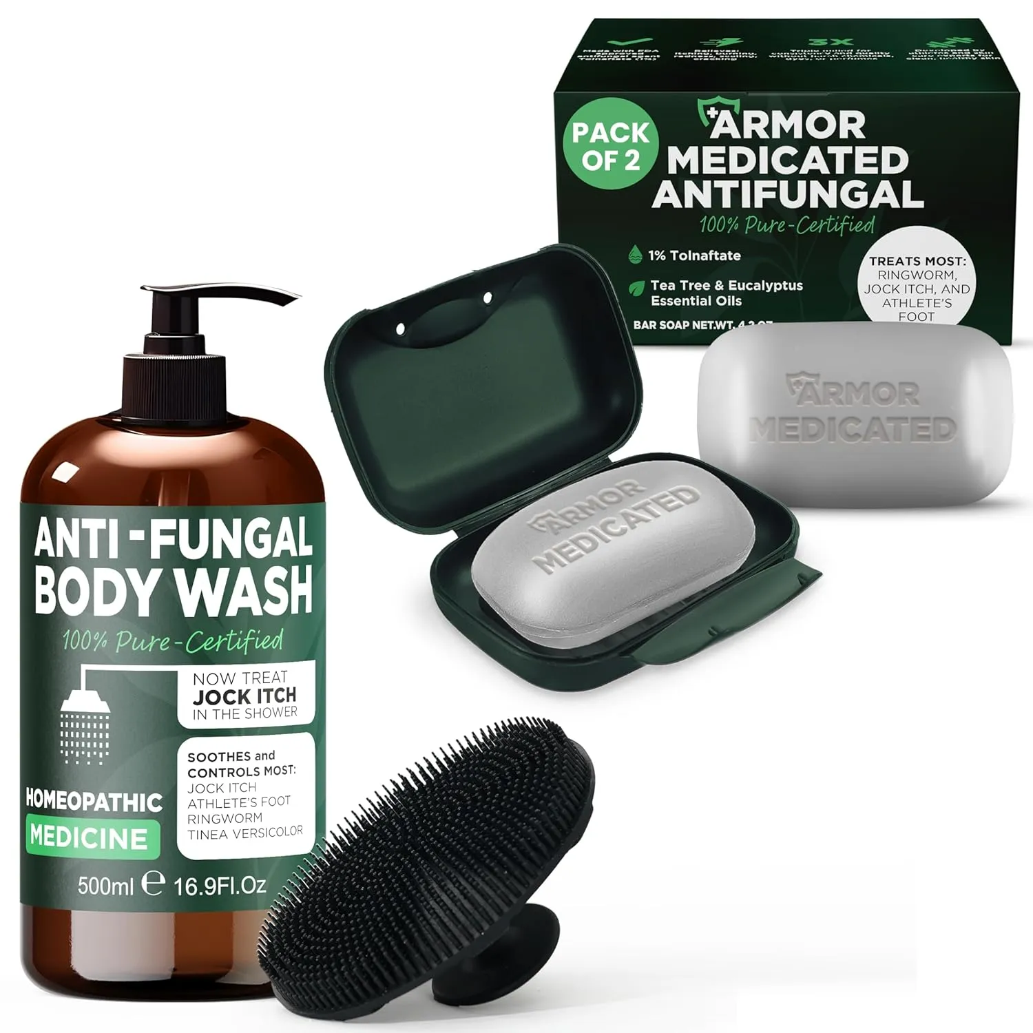 Antifungal Body Wash & Medicated Soap with Tea Tree Oil | Jock Itch, Ringworm & Athlete’s Foot Treatment | Deep Cleansing Antibacterial Soap for Back Acne & Skin Irritation | Includes Scrubber