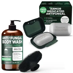 Antifungal Body Wash & Medicated Soap with Tea Tree Oil | Jock Itch, Ringworm & Athlete’s Foot Treatment | Deep Cleansing Antibacterial Soap for Back Acne & Skin Irritation | Includes Scrubber