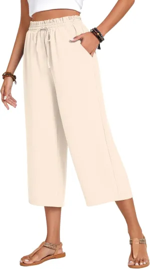 Anyhold Womens Capri Pants Loose High Waisted Wide Leg Lounge Pants Drawstring Casual Palazzo Trousers with Pockets