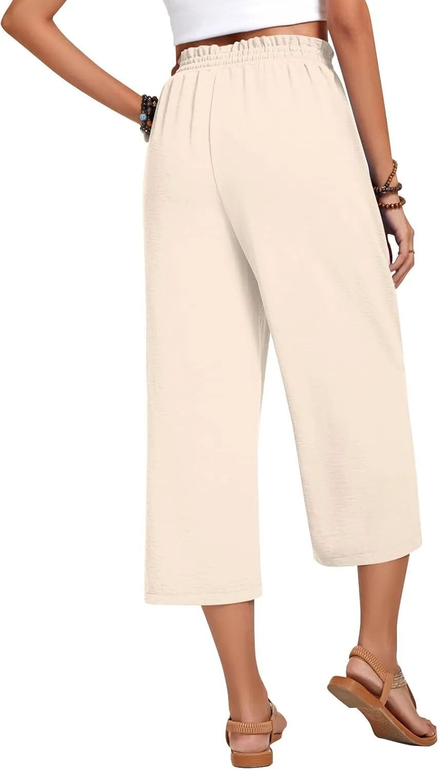 Anyhold Womens Capri Pants Loose High Waisted Wide Leg Lounge Pants Drawstring Casual Palazzo Trousers with Pockets