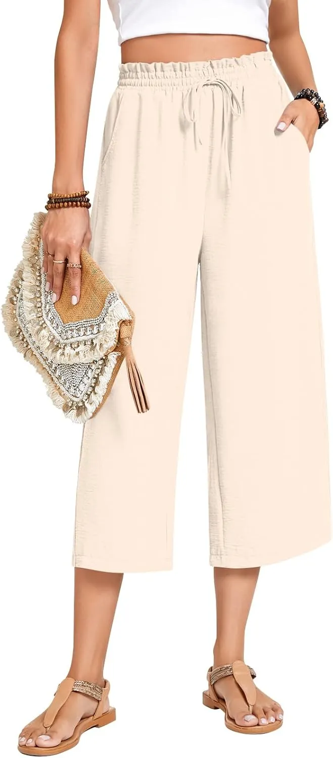 Anyhold Womens Capri Pants Loose High Waisted Wide Leg Lounge Pants Drawstring Casual Palazzo Trousers with Pockets