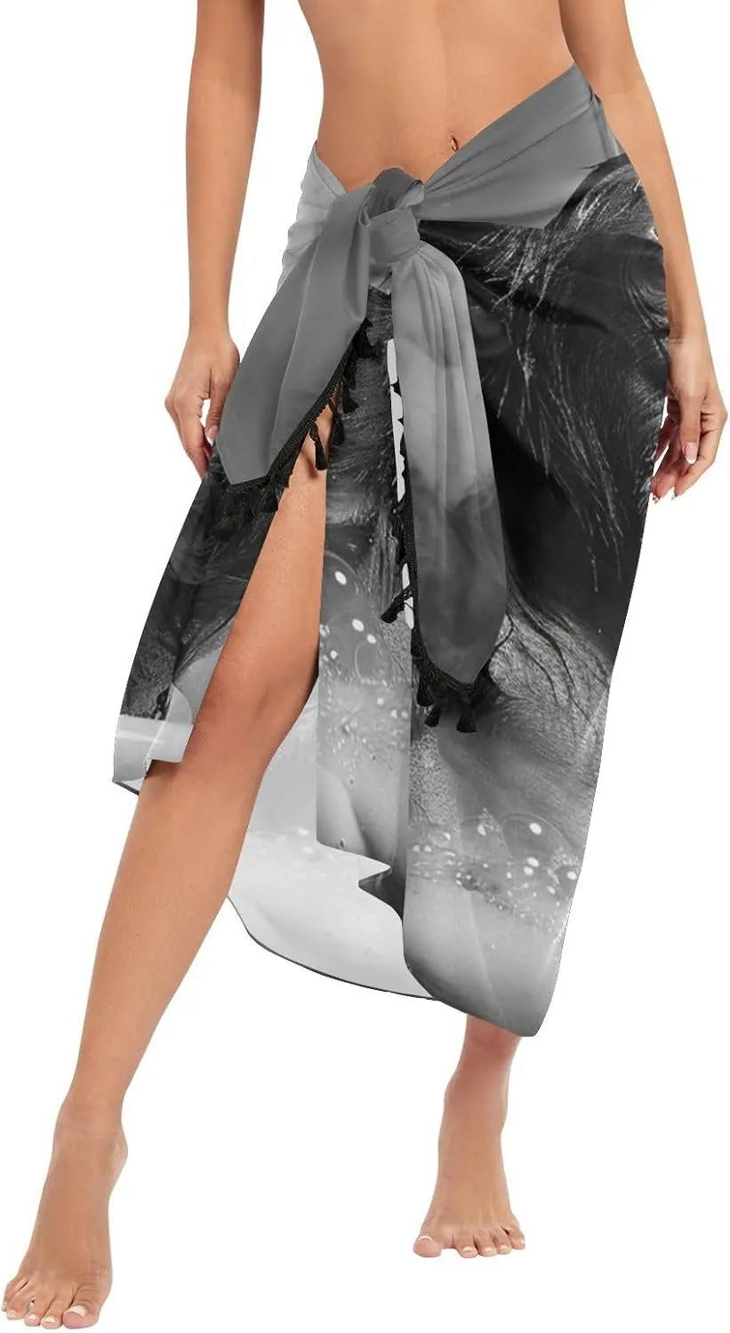 Ape Bathtub Black Women Sarong Swimsuit Coverups Chiffon Bikini Wraps Skirt with Tassels L