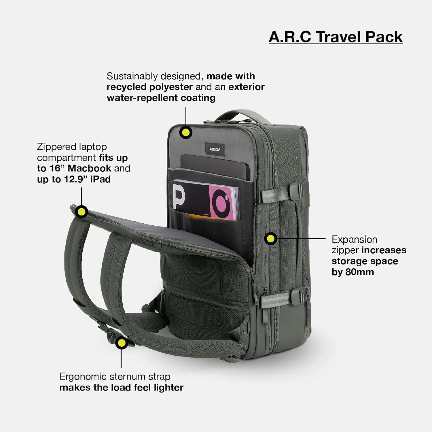 A.R.C. Travel Pack - ReSpun 100% Recycled Polyester, 38L Backpack, RFID-Blocking, Shoe Compartment, Expansion Zipper, Ergonomic Straps, Laptop Compartment for 16” PC/Mac, Travel Pass Through - Black