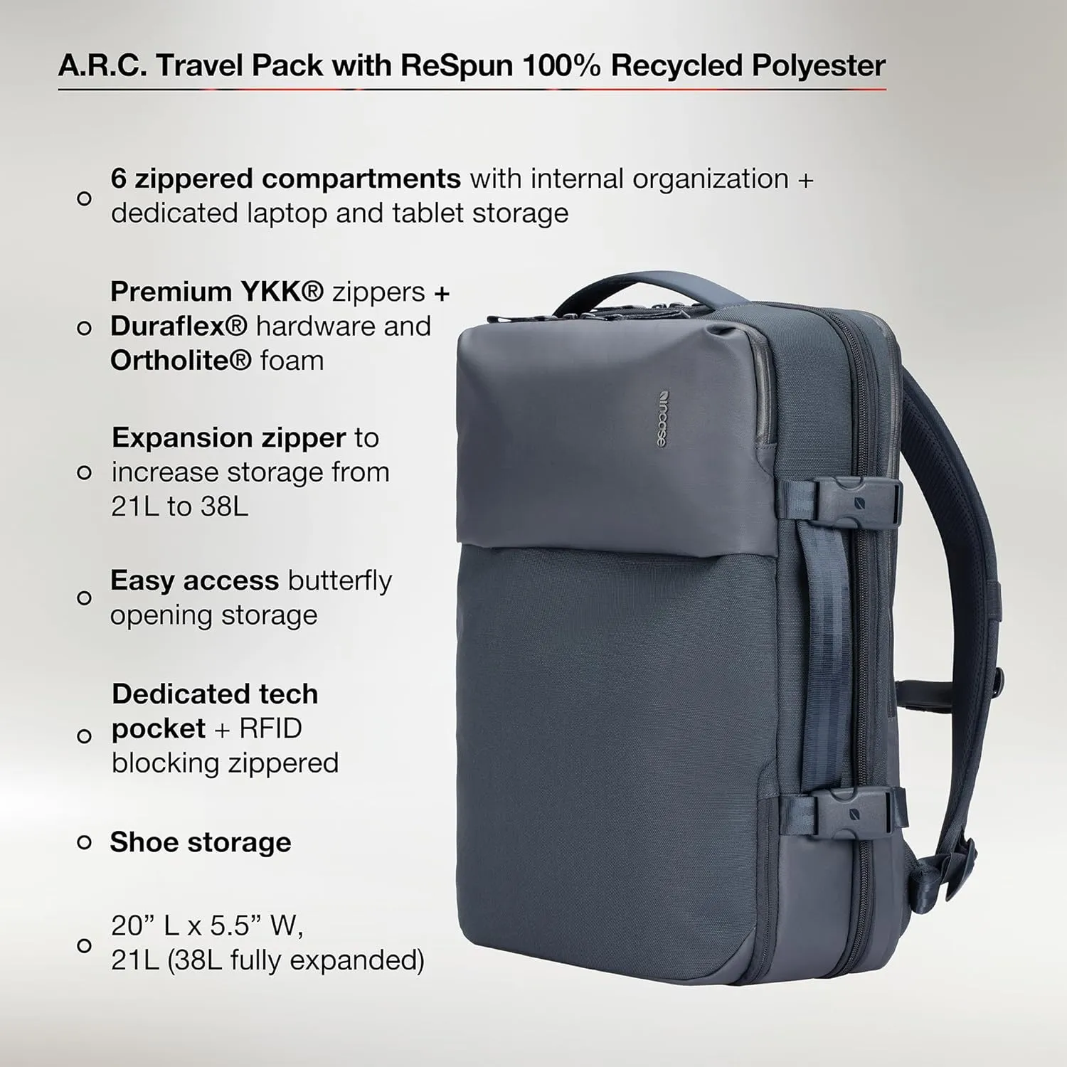 A.R.C. Travel Pack - ReSpun 100% Recycled Polyester, 38L Backpack, RFID-Blocking, Shoe Compartment, Expansion Zipper, Ergonomic Straps, Laptop Compartment for 16” PC/Mac, Travel Pass Through - Navy