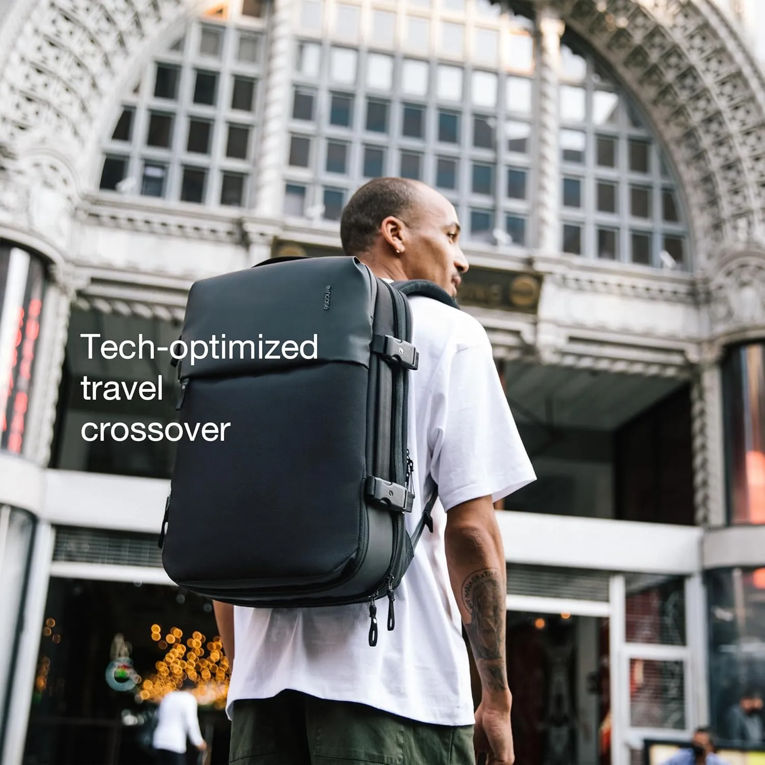A.R.C. Travel Pack - ReSpun 100% Recycled Polyester, 38L Backpack, RFID-Blocking, Shoe Compartment, Expansion Zipper, Ergonomic Straps, Laptop Compartment for 16” PC/Mac, Travel Pass Through - Navy