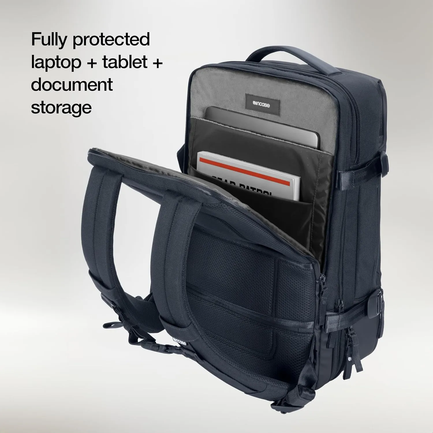 A.R.C. Travel Pack - ReSpun 100% Recycled Polyester, 38L Backpack, RFID-Blocking, Shoe Compartment, Expansion Zipper, Ergonomic Straps, Laptop Compartment for 16” PC/Mac, Travel Pass Through - Navy
