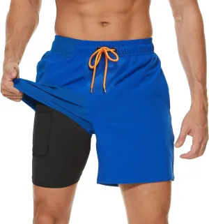 Arcweg Mens Swim Trunks with Compression Liner 2 in 1 Beach Swimming Trunks Quick Dry Swim Shorts with Zipper Pockets