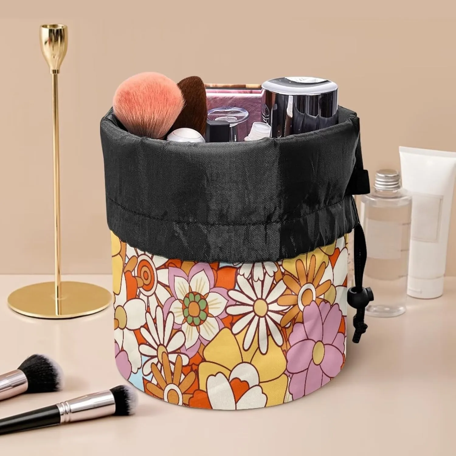 artificial flower drawstring makeup bag opens flat travel essentials for women round makeup bag washable makeup bag barrel drawstring makeup bag travel toiletry bag drawstring bags