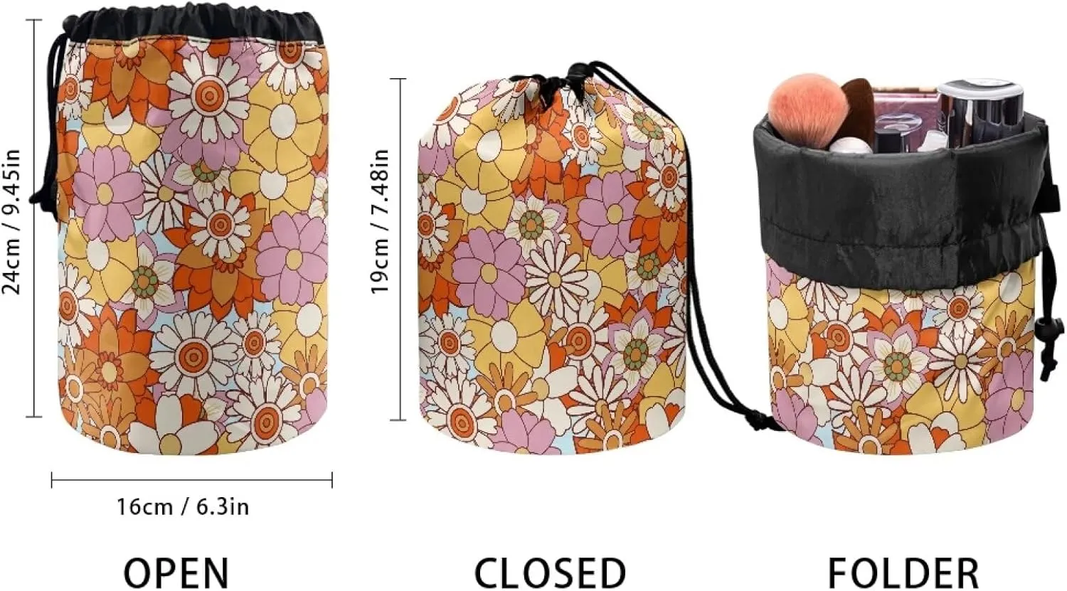 artificial flower drawstring makeup bag opens flat travel essentials for women round makeup bag washable makeup bag barrel drawstring makeup bag travel toiletry bag drawstring bags