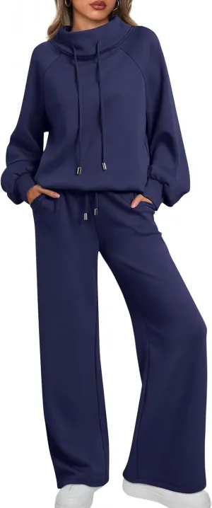 AUTOMET Lounge Sets for Women Sweatsuits 2 Piece Outfits 2025 Fall Drawstring Sweatshirt Wide Leg Sweatpants Tracksuit