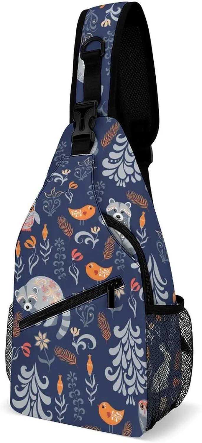 Autumn Forest Sling Bag for Women Men Raccoon Crossbody Shoulder Bag with Anti Theft,Multipurpose Chest Bag for Travel,Hiking,Cycling,Camping