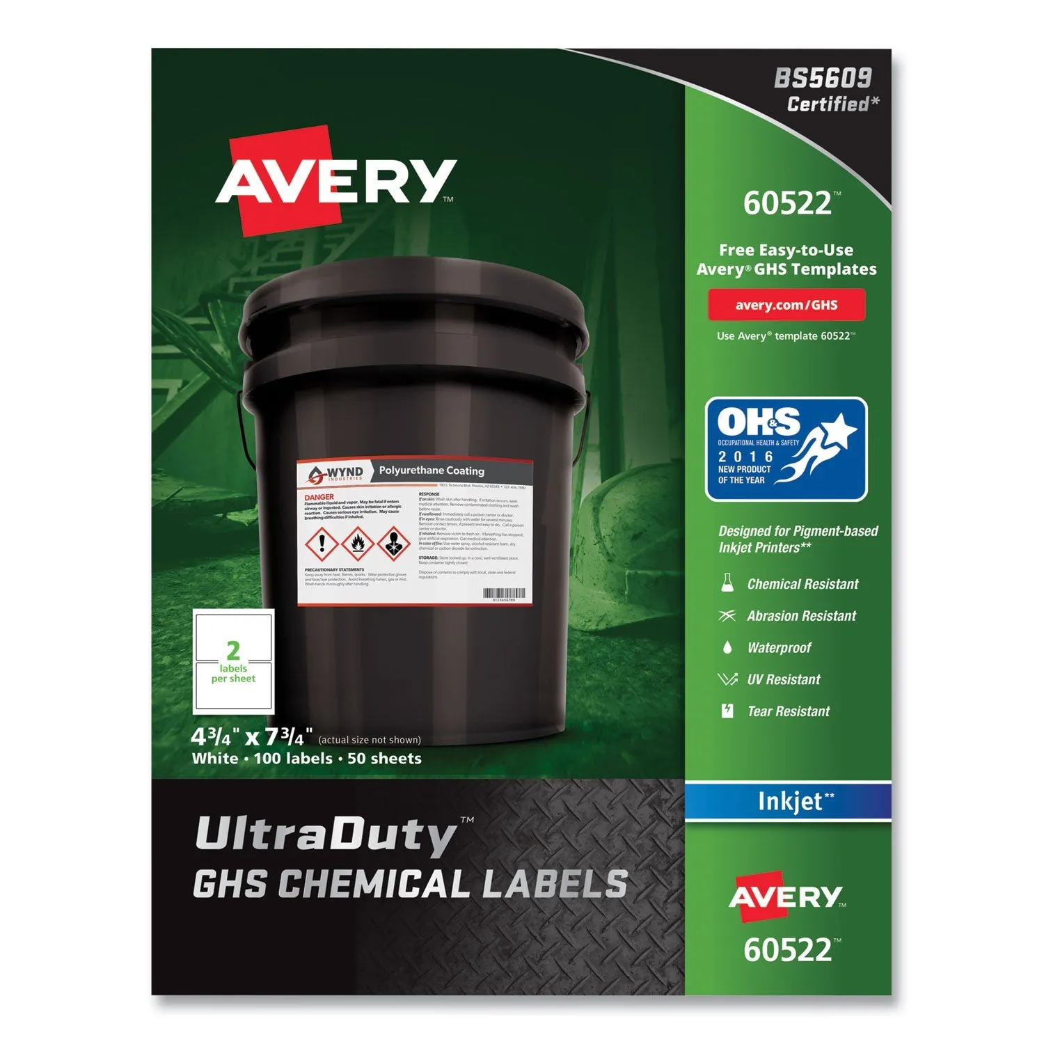 Avery® Ultraduty Ghs Chemical Waterproof And Uv Resistant Labels, 4.75 X 7.75, White, 2/sheet, 50 Sheets/pack