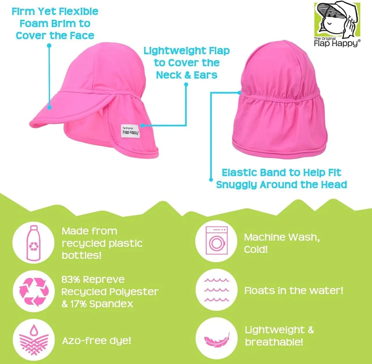Baby and Childrens Swim Flap Hat UPF 50 , Highest Certified UV Sun Protection, Azo-free dye, Floats on Water