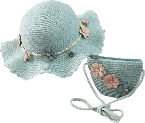 Baby Girls Flower Wide Brim Hat Sun Beach Straw Flower Hats with Cute Shoulder Bag(M1)