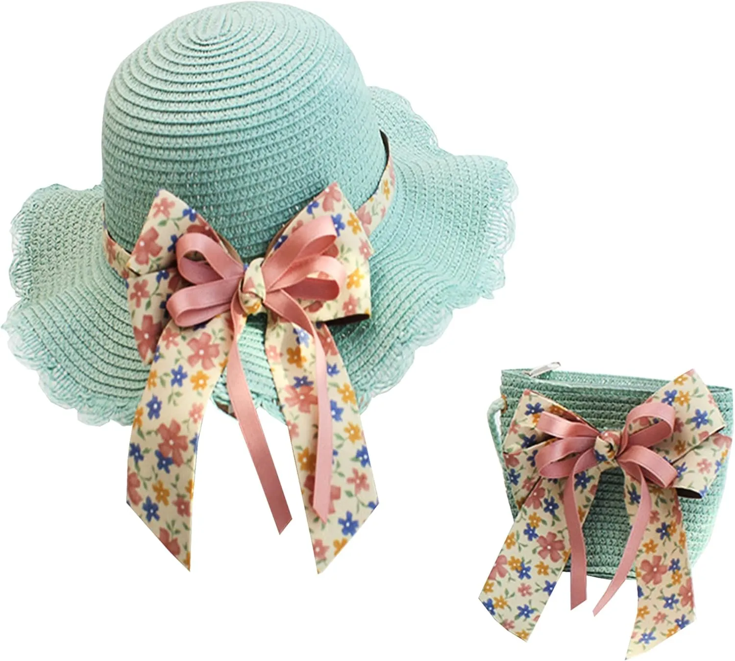 Baby Girls Flower Wide Brim Hat Sun Beach Straw Flower Hats with Cute Shoulder Bag(M1)