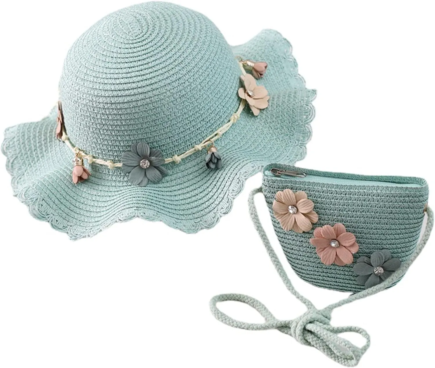 Baby Girls Flower Wide Brim Hat Sun Beach Straw Flower Hats with Cute Shoulder Bag(M1)