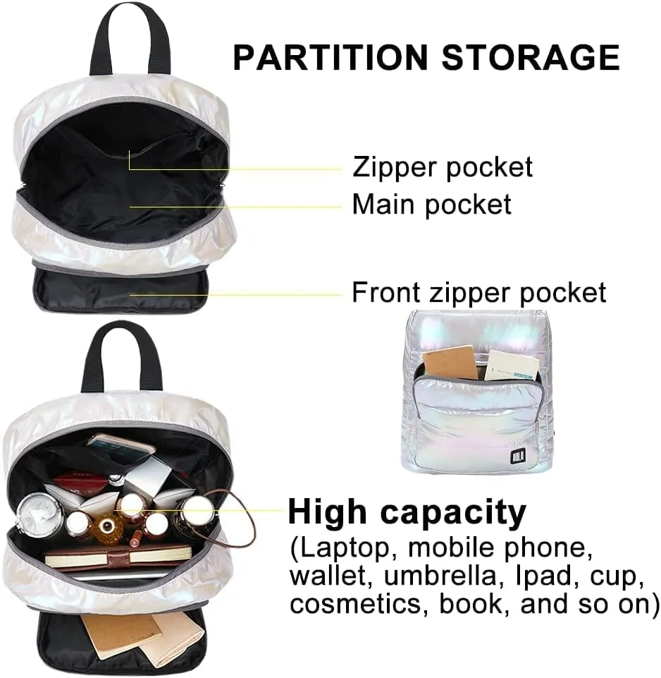 Backpack Purse for Women, Small Quilted Nylon Lightweight Backpack, Water Resistant Iridescent Puffy Casual Daypack