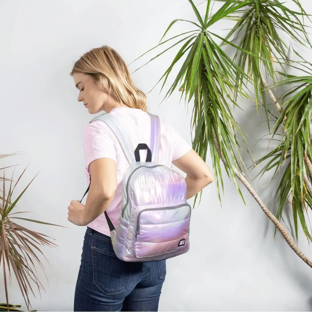 Backpack Purse for Women, Small Quilted Nylon Lightweight Backpack, Water Resistant Iridescent Puffy Casual Daypack