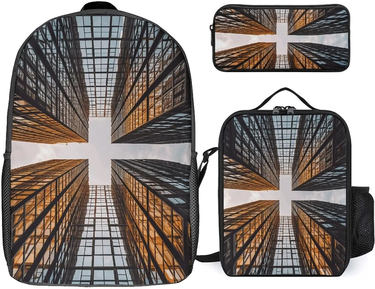 Backpack Set for Women Men Skyscraper Looking Up at Sky Laptop Backpack Lunch Bag Pencil Case Travel Backpack