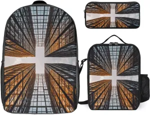 Backpack Set for Women Men Skyscraper Looking Up at Sky Laptop Backpack Lunch Bag Pencil Case Travel Backpack