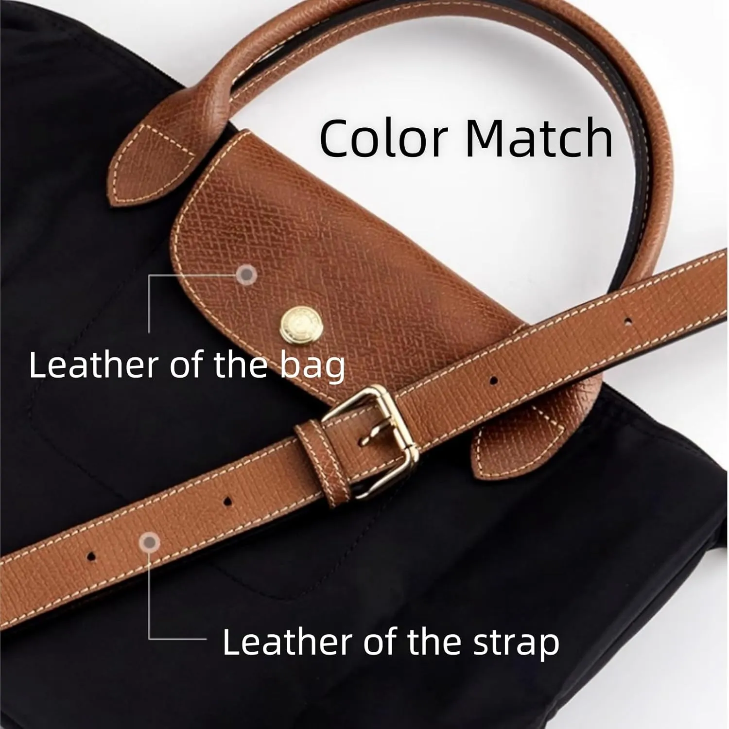Bag Strap Compatible with Longchamp LePliage Handbag, Crossbody Leather Purse Replacement Strap, Adjustable Straps Fit for Le Pliage S/M/L Handbag(Black-Silver)