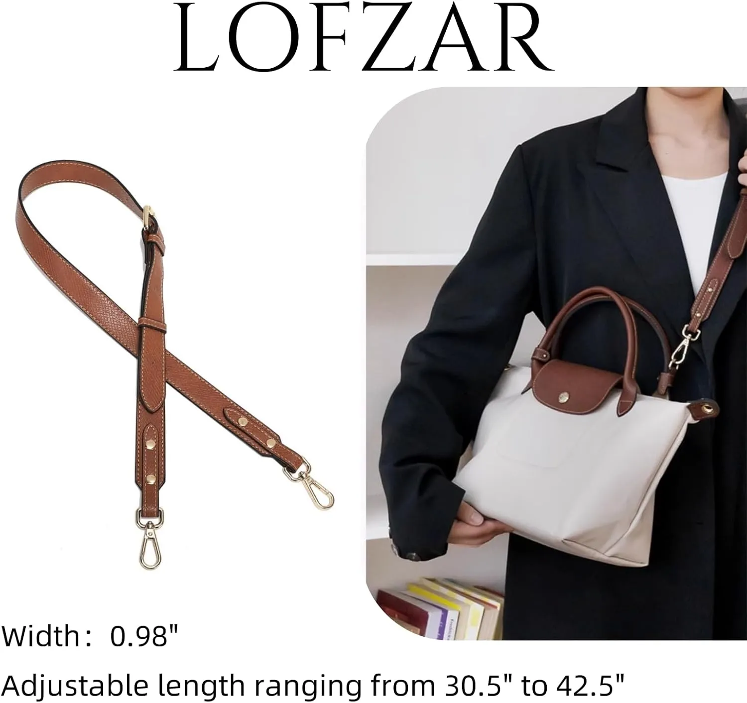 Bag Strap Compatible with Longchamp LePliage Handbag, Crossbody Leather Purse Replacement Strap, Adjustable Straps Fit for Le Pliage S/M/L Handbag(Black-Silver)
