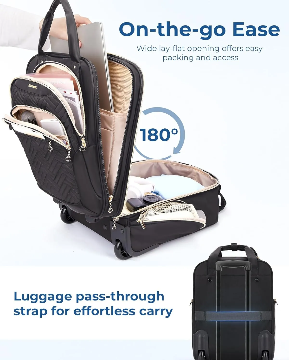 BAGSMART Carry On Luggage Underseat 16-inch Airline approved Underseater Softside Travel Suitcase with Wheels Lightweight Overnight Rolling Carry-on Luggage for Women Men Weekender,Black