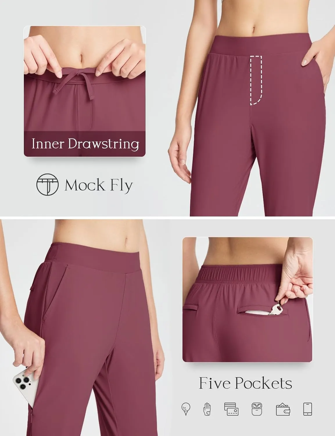 baleaf Women's Golf Pants Petite Stretch Lightweight 7/8 Travel Pants Zip Pockets Casual Work Ankle