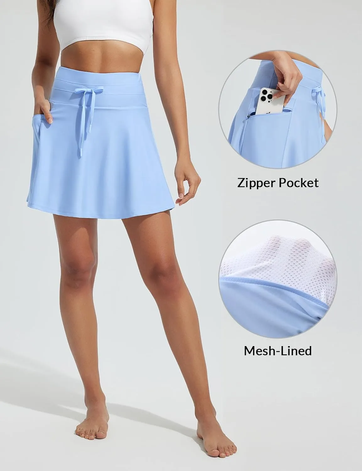 baleaf Women's High Waisted 15'' Swim Skirt Boxer Liner Quick Dry Bathing Suit Tankini Swimsuit Bottoms with Zipper Pocket