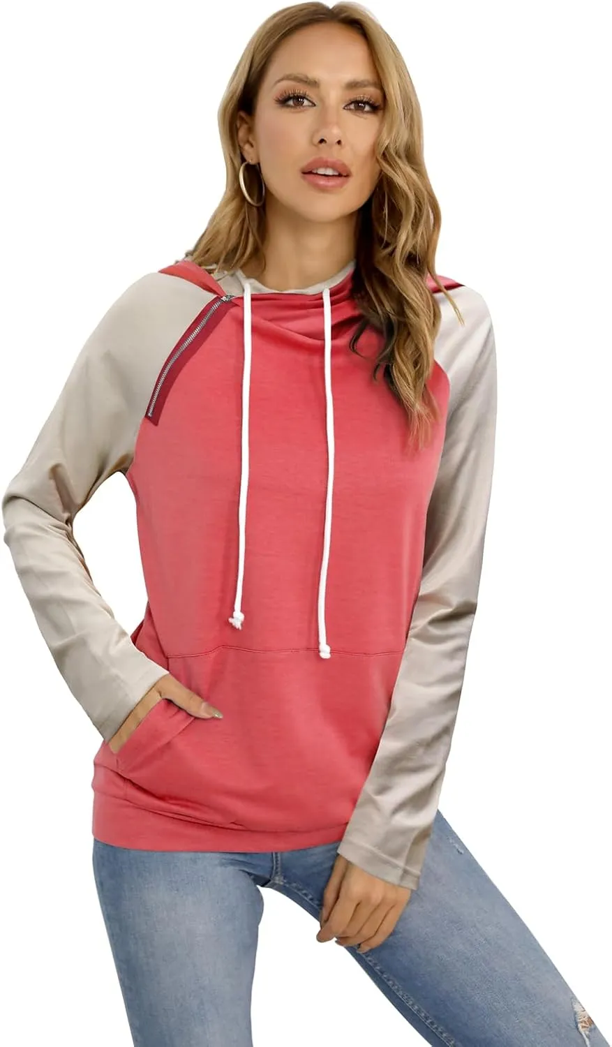 Barlver Women's Casual Hoodies Long Sleeve Sweatshirts Cowl Neck Drawstring Hooded Pullover Top with Pockets