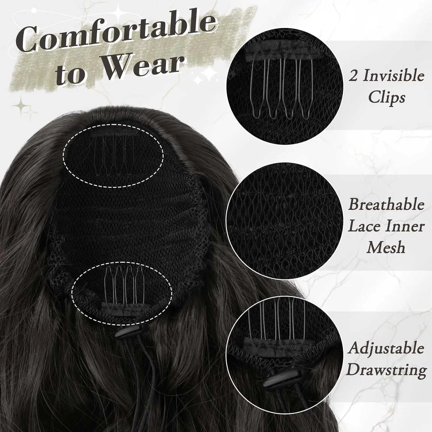 BARSDAR Black Brown Drawstring Ponytail Extensions - 26 Inch Long Curly Wavy Ponytail Hair Extensions for Women, Synthetic Drawstring Clip in Pony Tails Hairpieces Daily - Black Brown