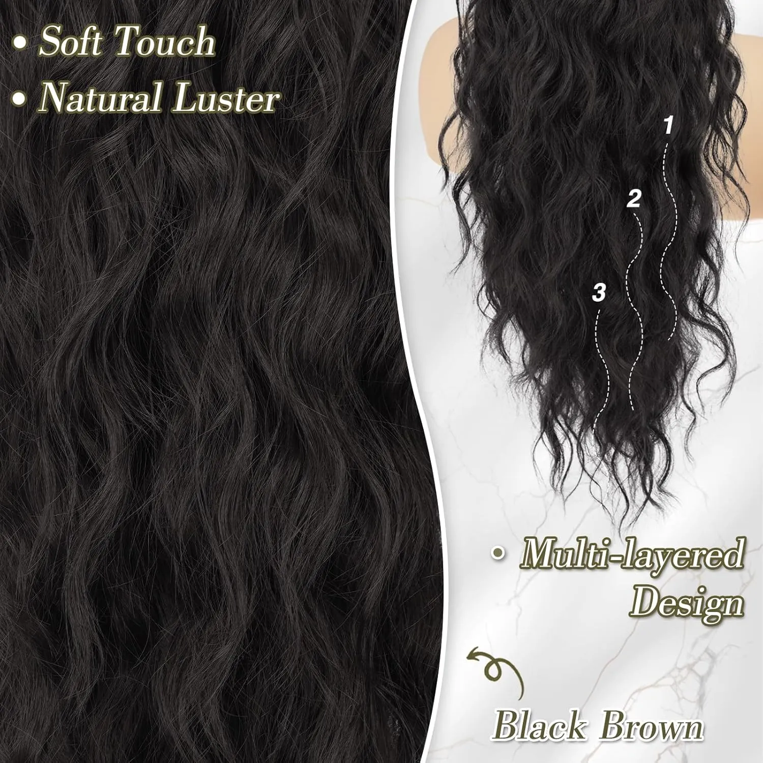 BARSDAR Black Brown Drawstring Ponytail Extensions - 26 Inch Long Curly Wavy Ponytail Hair Extensions for Women, Synthetic Drawstring Clip in Pony Tails Hairpieces Daily - Black Brown