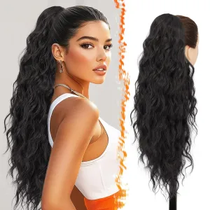BARSDAR Black Brown Drawstring Ponytail Extensions - 26 Inch Long Curly Wavy Ponytail Hair Extensions for Women, Synthetic Drawstring Clip in Pony Tails Hairpieces Daily - Black Brown