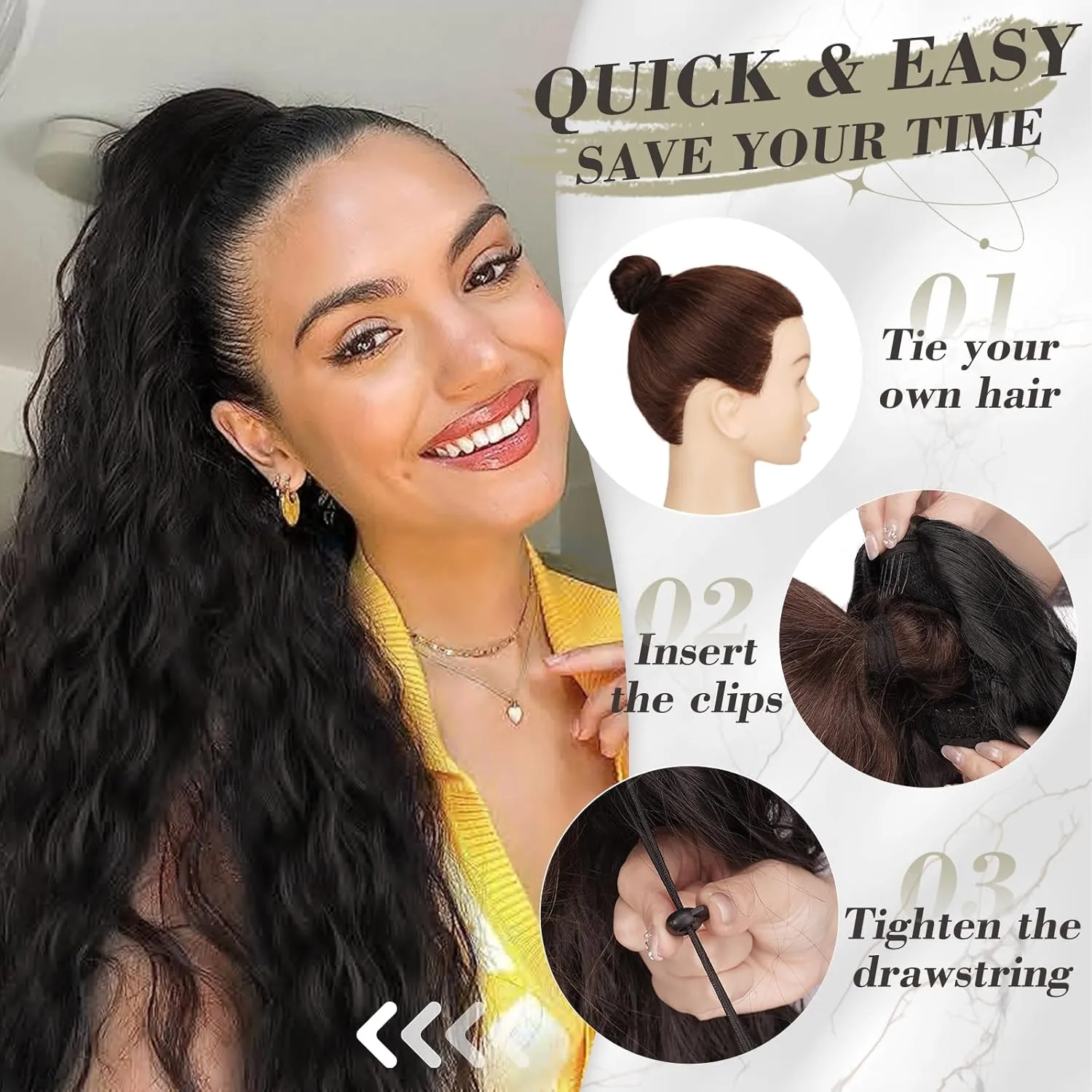 BARSDAR Black Ponytail Extensions - Drawstring Ponytails for Women 26 Inch Long Wavy Pony Tails Hair Extensions, Synthetic Clip in Pony Tails Hairpieces Fake Ponytails - Black