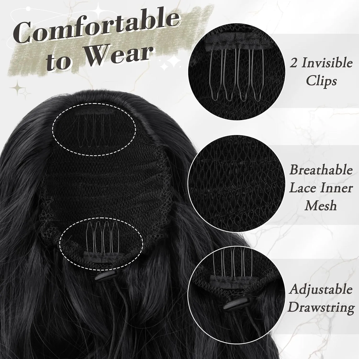 BARSDAR Black Ponytail Extensions - Drawstring Ponytails for Women 26 Inch Long Wavy Pony Tails Hair Extensions, Synthetic Clip in Pony Tails Hairpieces Fake Ponytails - Black