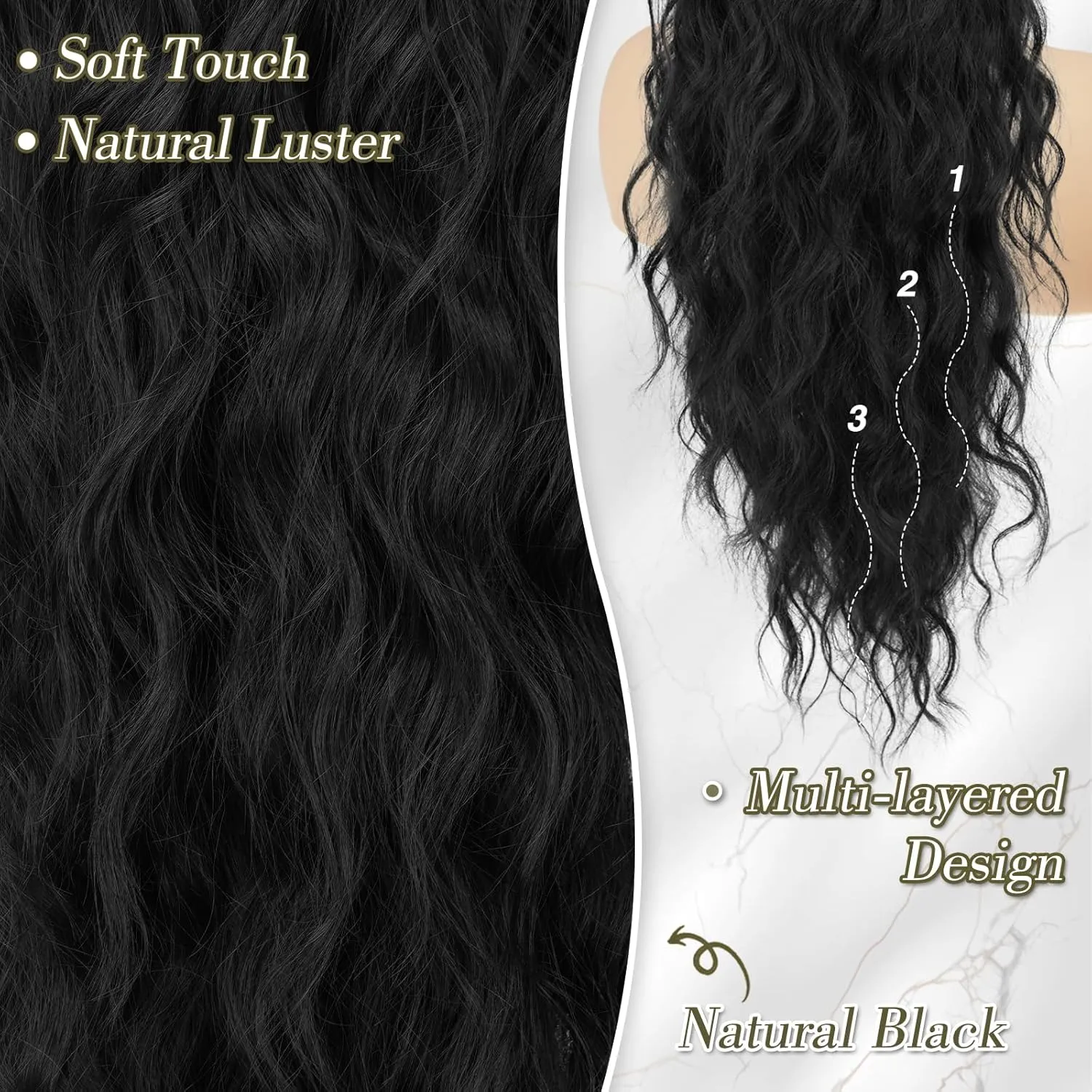 BARSDAR Black Ponytail Extensions - Drawstring Ponytails for Women 26 Inch Long Wavy Pony Tails Hair Extensions, Synthetic Clip in Pony Tails Hairpieces Fake Ponytails - Black
