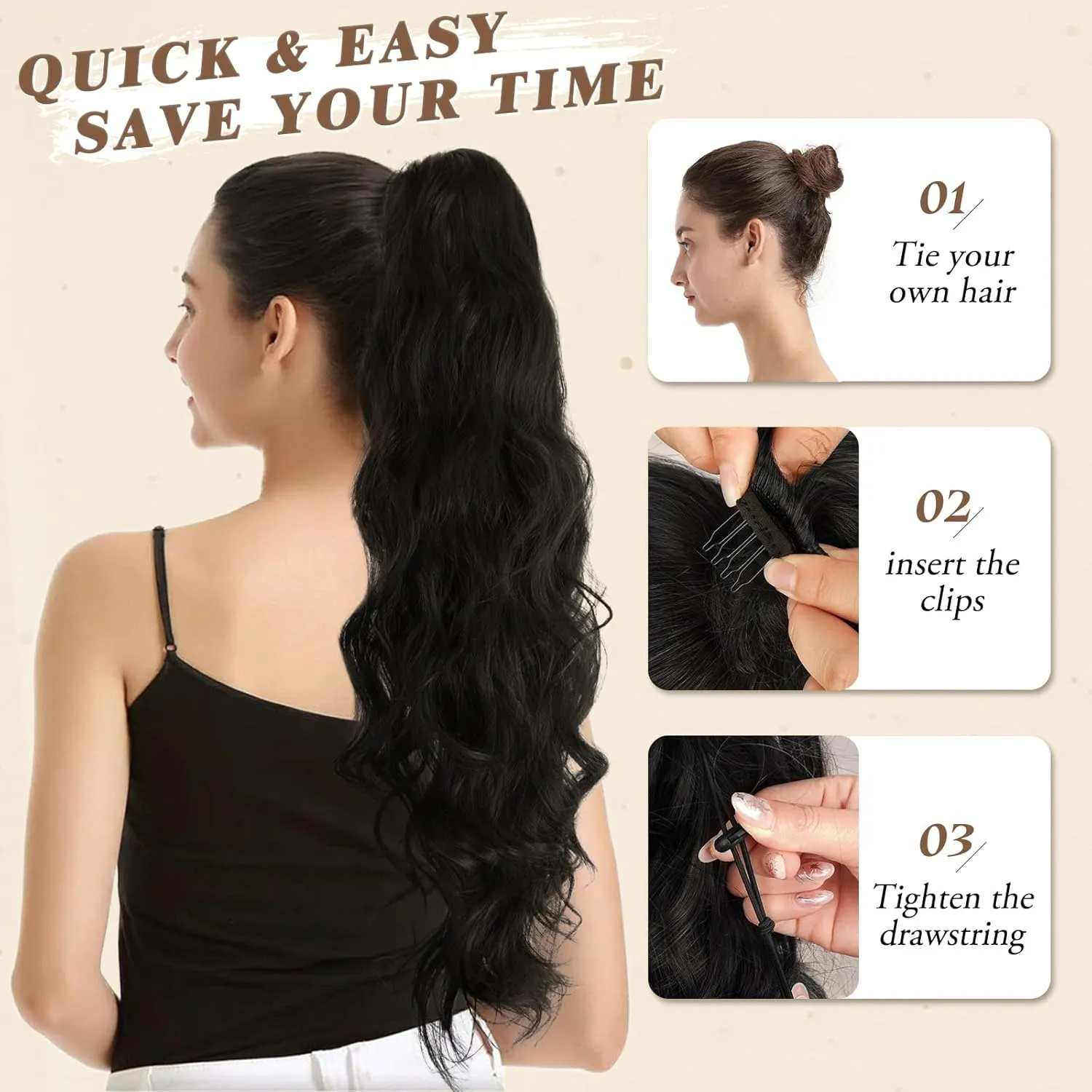 BARSDAR Black Wavy Drawstring Ponytail Extension – 26 Inch Long Wavy Drawstring Ponytail Extensions for Black Women, Synthetic Voluminous Natural Looking Draw String Ponytails Hairpieces