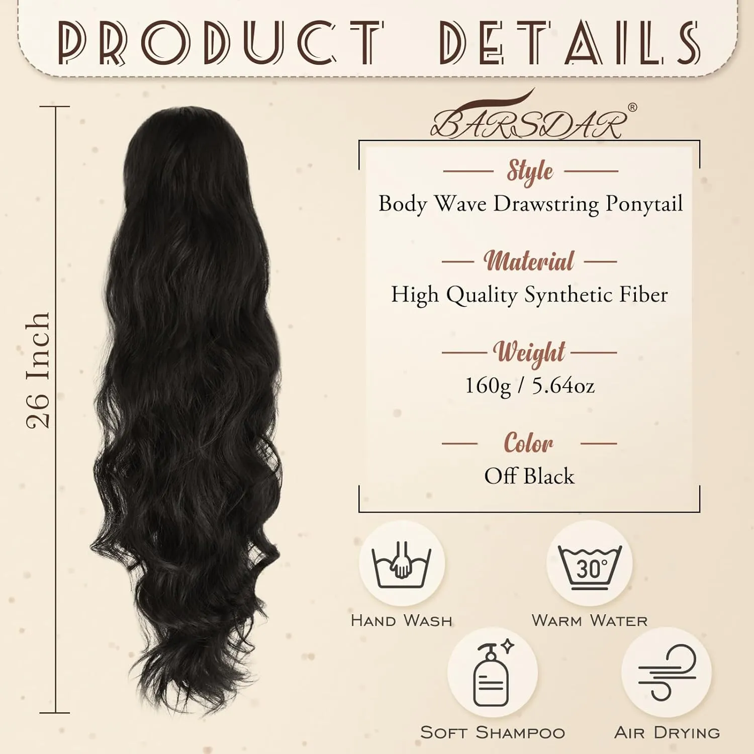 BARSDAR Black Wavy Drawstring Ponytail Extension – 26 Inch Long Wavy Drawstring Ponytail Extensions for Black Women, Synthetic Voluminous Natural Looking Draw String Ponytails Hairpieces