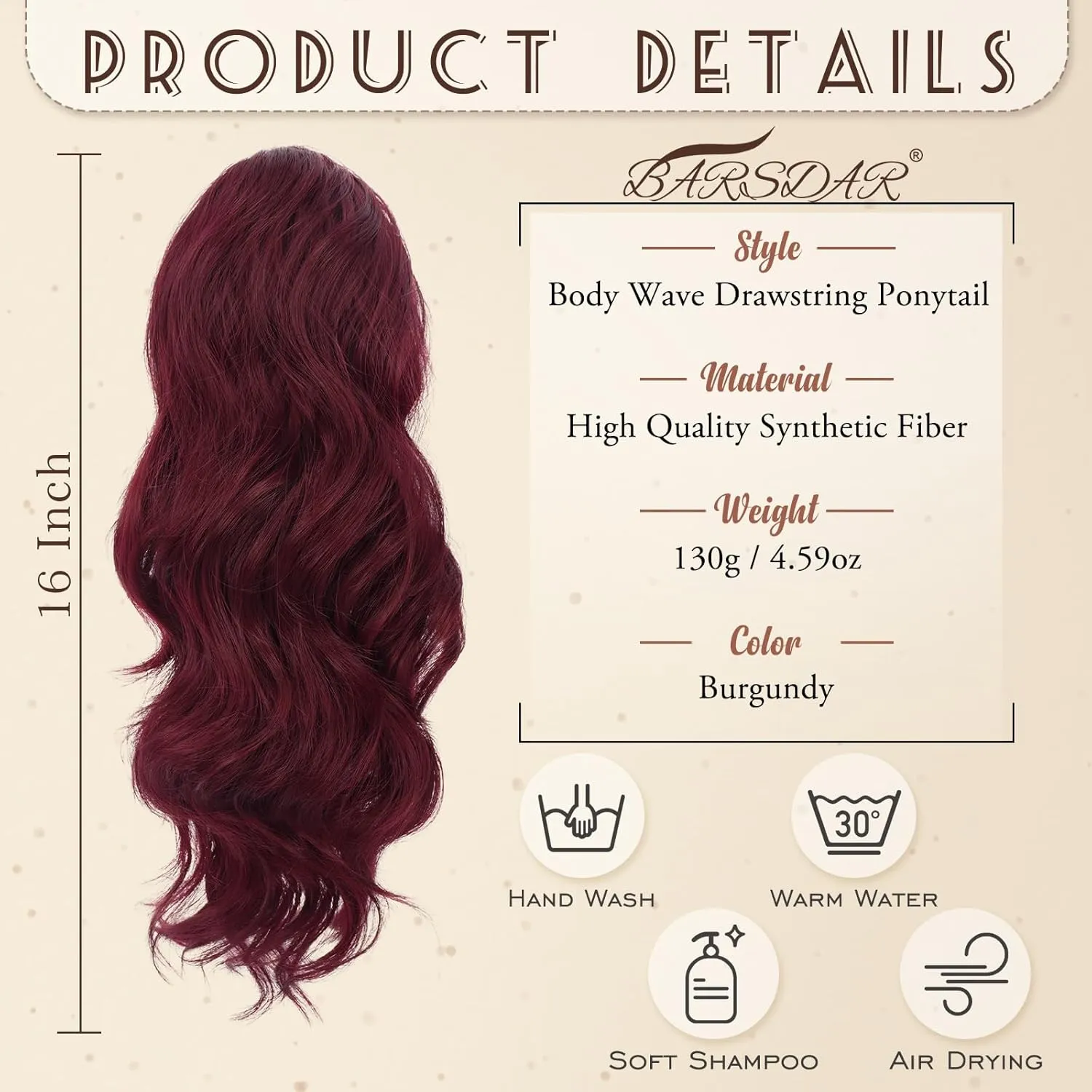 BARSDAR Burgundy Red Ponytail Extension - 16 Inch Wavy Drawstring Ponytail Hair Extensions for Women - Voluminous Natural Looking Synthetic Clip in Pony Tails Hairpieces - Burgundy