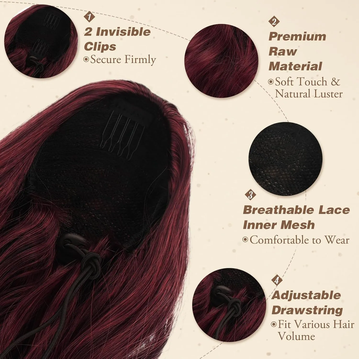 BARSDAR Burgundy Red Ponytail Extension - 16 Inch Wavy Drawstring Ponytail Hair Extensions for Women - Voluminous Natural Looking Synthetic Clip in Pony Tails Hairpieces - Burgundy
