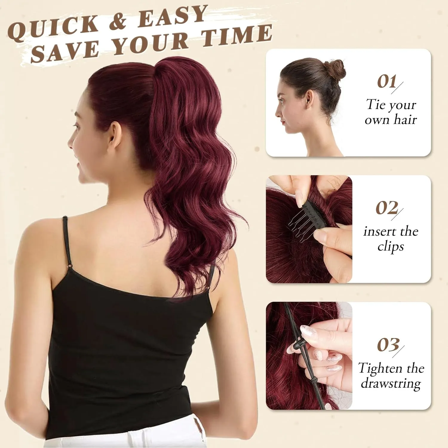 BARSDAR Burgundy Red Ponytail Extension - 16 Inch Wavy Drawstring Ponytail Hair Extensions for Women - Voluminous Natural Looking Synthetic Clip in Pony Tails Hairpieces - Burgundy