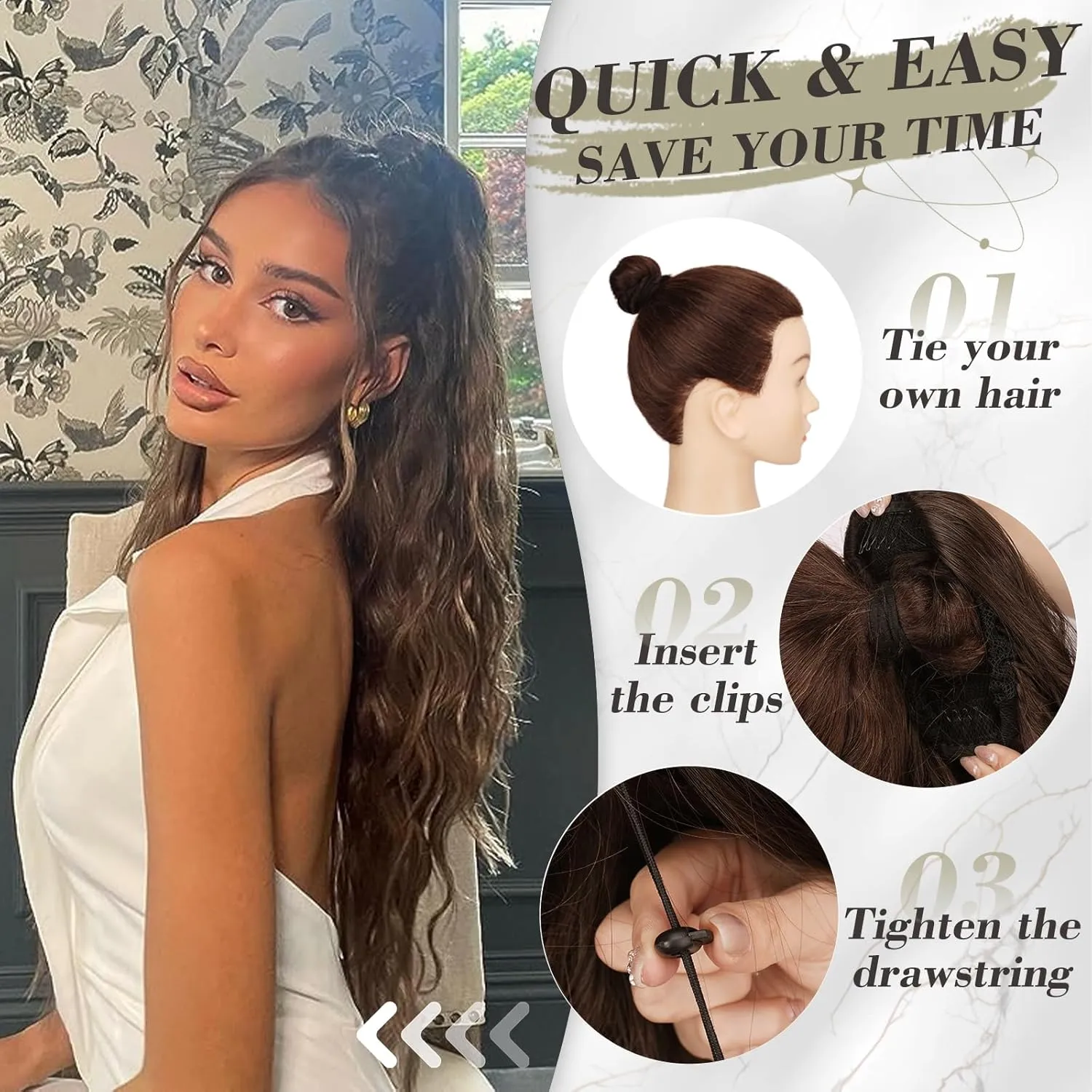 BARSDAR Curly Wavy Drawstring Ponytail Extensions - 26 Inch Long Wavy Brown Ponytail Hair Extensions for Women, Synthetic Clip in Ponytails Hairpieces - Ash Brown Mixed